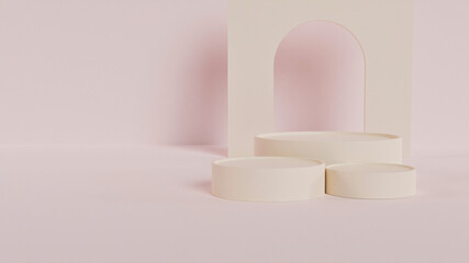 3D rendering of  cream circle  podium with pink background. Beautiful Luxury scene for products display. Circle white stage with door with pink wall.
