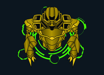 Modern vector illustration of Robotic Mecha Soldier Half Body armor. Golden metal colour. Trend design. Vector Eps 10. For game card, symbol of mascot. 