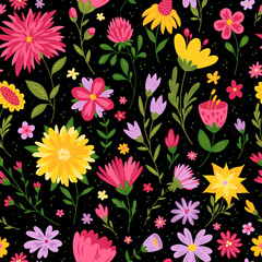 Bright and creative modern floral seamless pattern with stylized spring and summer abstract flowers. Botanical wallpaper, wrapping paper decor. Spring mood, summer vibe.