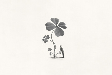 Illustration of business man watering a big four leaf clovers plant, surreal abstract future concept