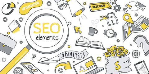 Seo elements concept for banner design with flat line doodle pattern. Hand drawing texture with marketing, search, analysis, computer, optimization, diagram, data, keyword. Vector illustration for web