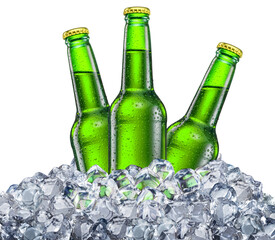Three green bottles of beer with drops in the ice cubes isolated on a white background. - obrazy, fototapety, plakaty