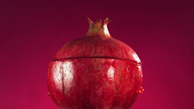 Half Pomegranate falling and splashing on fuchsia background. Food levitation concept. Slow Motion