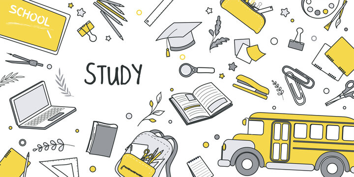 Study concept for banner design with flat line doodle pattern. Hand drawing texture with school bus, textbook, schoolbag, supply, laptop, magnifier, stationery, blackboard. Vector illustration for web