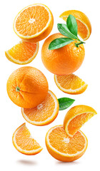 Ripe oranges with halves and slices with orange tree leaves randomly fall or levitate on a white...