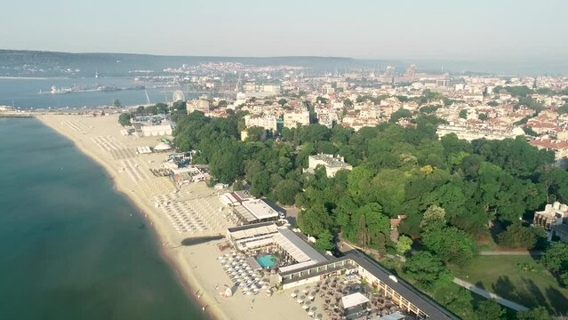 4k aerial video of Varna center and the beach. The sea capital of Bulgaria.