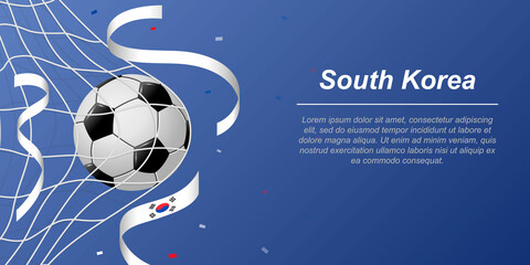 Soccer background with flying ribbons in colors of the flag of South Korea