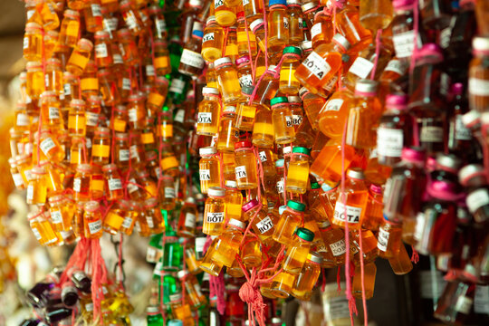 Bottles of Cheiro do Par&aacute; on display at Ver-o-Peso market in Bel&eacute;m do Par&aacute;, Amazon, Brazil.