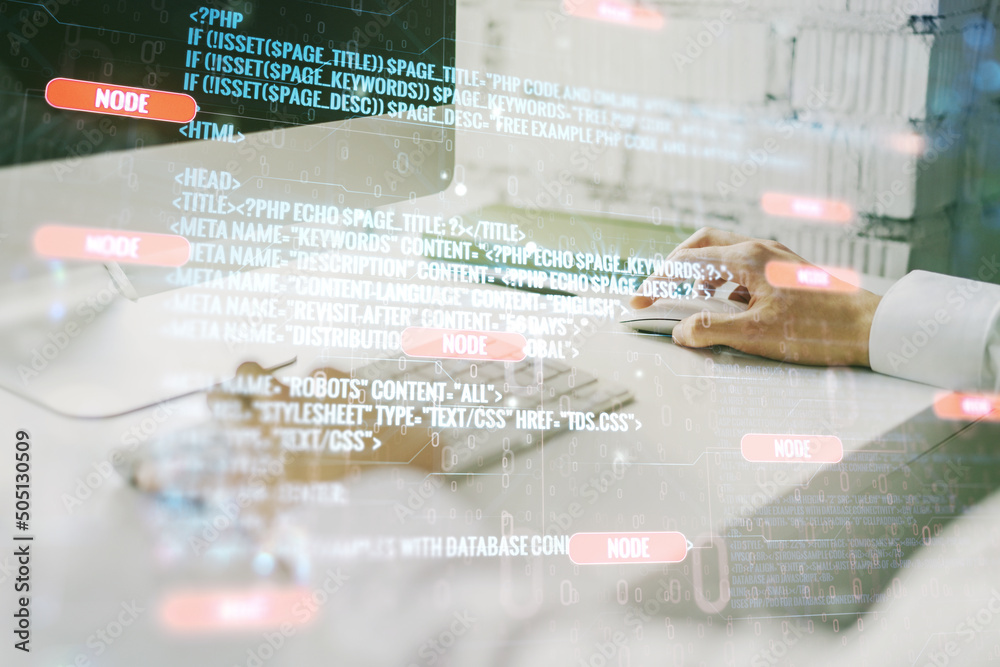 Fototapete multi exposure of abstract programming language hologram with hands typing on computer keyboard on b