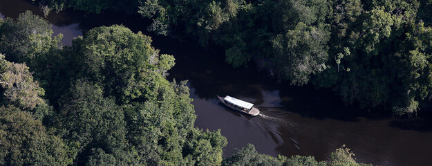 Aerial view of boat crossing a river in the Amazon in Brazil. Combu Island, Ilha do Combu, Belém, Pará State, Amazon, Brazil. 2013. - obrazy, fototapety, plakaty