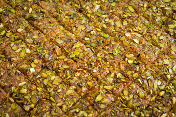 arabic sweets and dessert, baklava or baklawa closeup