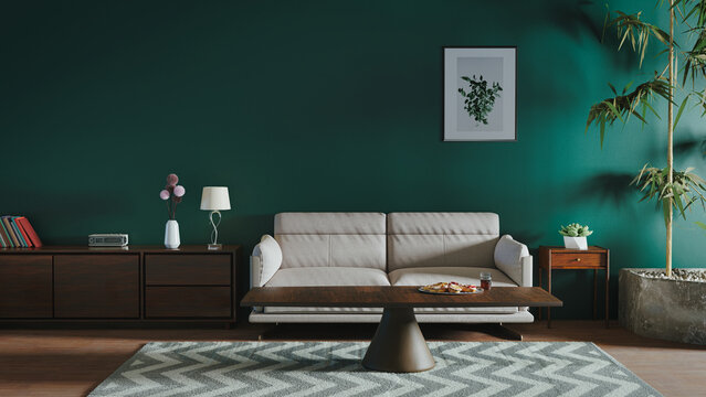 Dark green modern apertment with white couch - 3D Rendering