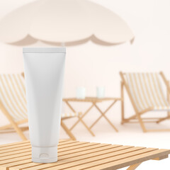 Empty sunscreen packaging mockup. Summer abstract blurred background for visualization of cosmetic products for skin care and sun protection. Beach table with parasol and deck chair. 3d rendering