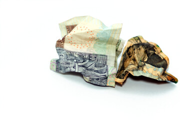 Crumpled  wrinkled American money note of 20 $ twenty dollars bill and 20 LE twenty Egyptian pounds...