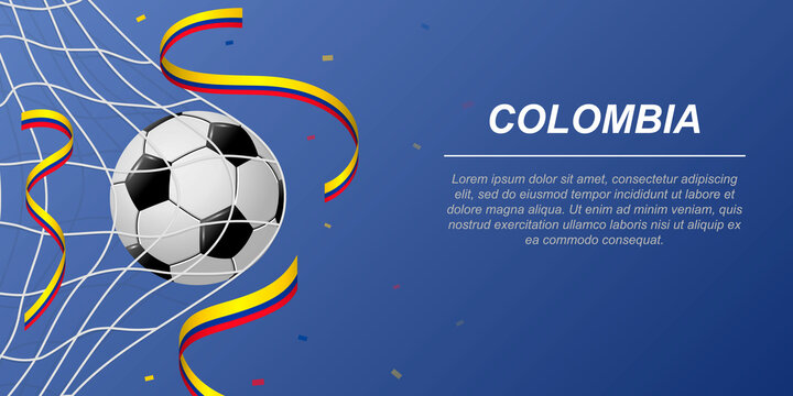 Soccer background with flying ribbons in colors of the flag of Colombia