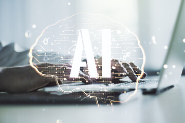 Creative artificial Intelligence concept with human brain sketch and hands typing on computer keyboard on background. Double exposure