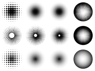 Set of halftone circles. Halftones of dots and squares. Halftone background. Abstract backdrop of dots. Vector