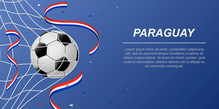 Soccer background with flying ribbons in colors of the flag of Paraguay