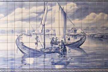 panels of azulejos describing the life of seaweed of Aveiro, Portugal