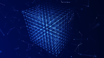 Cybersecurity. Abstract connections background. Blockchain technology background. Cube. Big data analysis. 3d rendering illustration