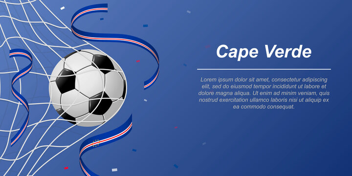 Soccer background with flying ribbons in colors of the flag of Cape Verde