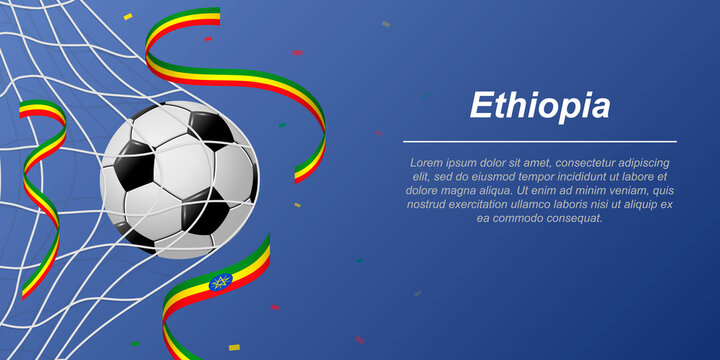 Soccer background with flying ribbons in colors of the flag of Ethiopia