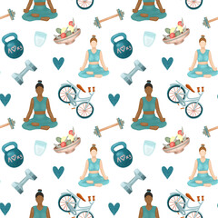 Seamless pattern of sport, activity, healthy lifestyle and self care graphic elements,  illustration on white background - 505133960