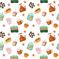 Seamless pattern of cozy home elements, hobby and life style, illustration on white background