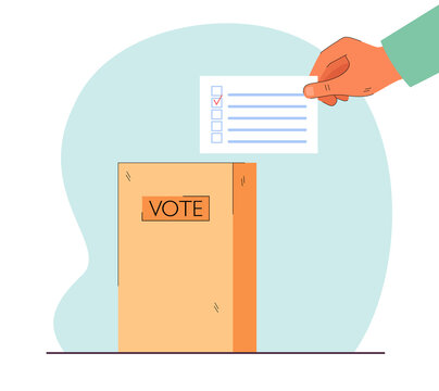 Hand Putting Voting Bulletin Into Box. Document With Lines With Red Tick. Voting, Choice Concept For Banner, Website Design Or Landing Web Page