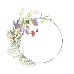 Round frame of watercolor wildflowers and meadow plants, illustrations on a white background
