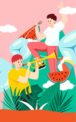 Summer beach music party, character summer seaside vacation, vector illustration