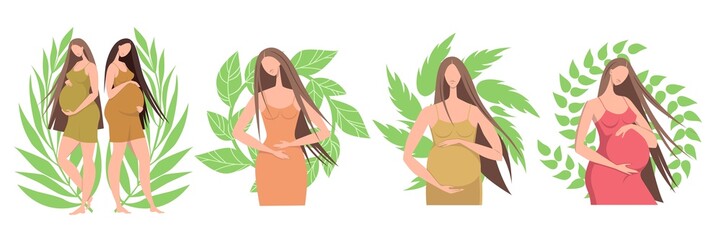 Pregnant girls on a background of green leaves. Future mothers. Set of vector illustrations with flat cartoon characters. - 505135168