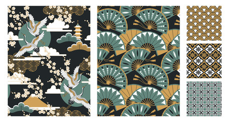 Japanese seamless patterns set with landscapes, oriental cherry flowers, cranes, fans and pagodas. Vector illustration.