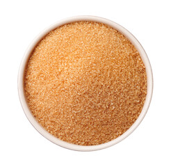 Brown sugar in bowl isolated on white, top view