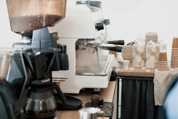 Close up of professional equipment for brewing coffee at cafeteria