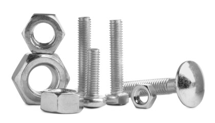 Different metal bolts and nuts on white background - obrazy, fototapety, plakaty