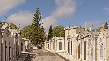 Fototapeta na wymiar Old grave monuments in Alto de Sao Jao cemetery in Lisbon, Portugal.