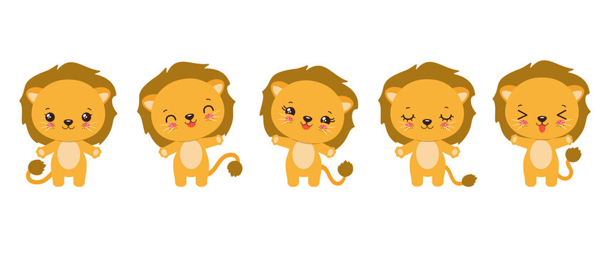 Cute kawaii lion cub emoji icons. Adorable little lion cartoon character showing various emotions - cheerful, happy, calm, wawing hand paw.