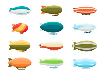 Different colorful airships vector illustrations set. Collection of retro zeppelins or dirigibles, passenger air ships isolated on white background. Transportation, tourism, aviation industry concept © PCH.Vector