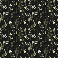 Seamless pattern of watercolor forest greenery and grasses, illustrations on a dark background - 505136388