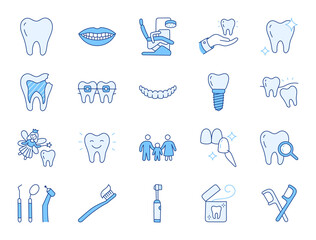 Dental clinic doodle illustration including icons - veneer, teeth whitening, braces, implant, electric toothbrush, caries, floss, mouth. Thin line art about stomatology. Blue Color, Editable Stroke