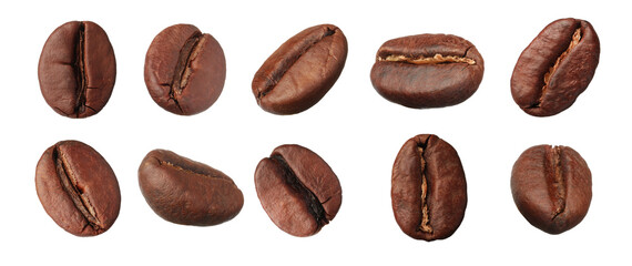 Set with aromatic roasted coffee beans on white background. Banner design