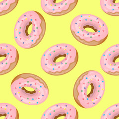 Pink donut on yellow seamless pattern. Cute sweet dessert sign fabric textile wrap paper background