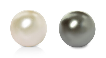 Two beautiful pearls on white background, closeup. Banner design