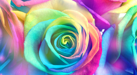 Beautiful roses toned in rainbow colors, closeup. Banner design