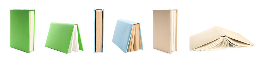 Collection of different hardcover books on white background. Banner design