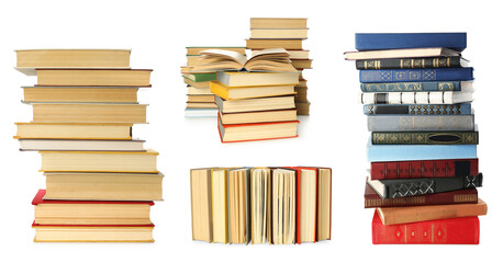 Collection of different hardcover books on white background. Banner design