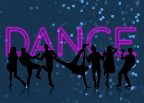 Silhouettes of people dancing on blue background, bokeh effect. Illustration