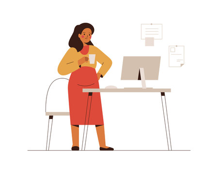 Pregnant businesswoman works from office or home. Young mother entrepreneur holds coffee and uses a computer for planning or online meeting. Professional ocupation during materinity. Vector illustrati