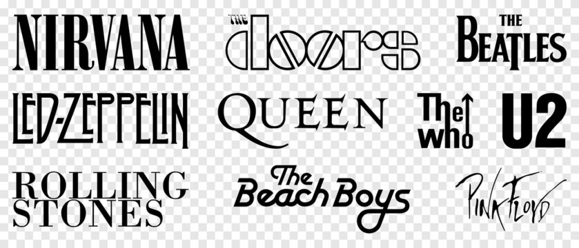 Vinnytsia, Ukraine - May 16, 2022: The most famous music bands. The Rolling Stones, The Beatles, Queen, The Doors, Nirvana, The Who, U2, Led Zeppelin, The Beach Boys, Pink Floyd. Vector illustration i